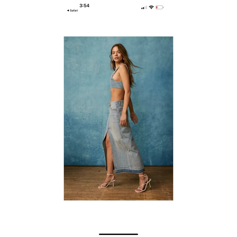 URBAN OUTFITTERS Skirt M BDG Denim MANDI A-LINE MAXI Light Blue Slit Cotton Sz L